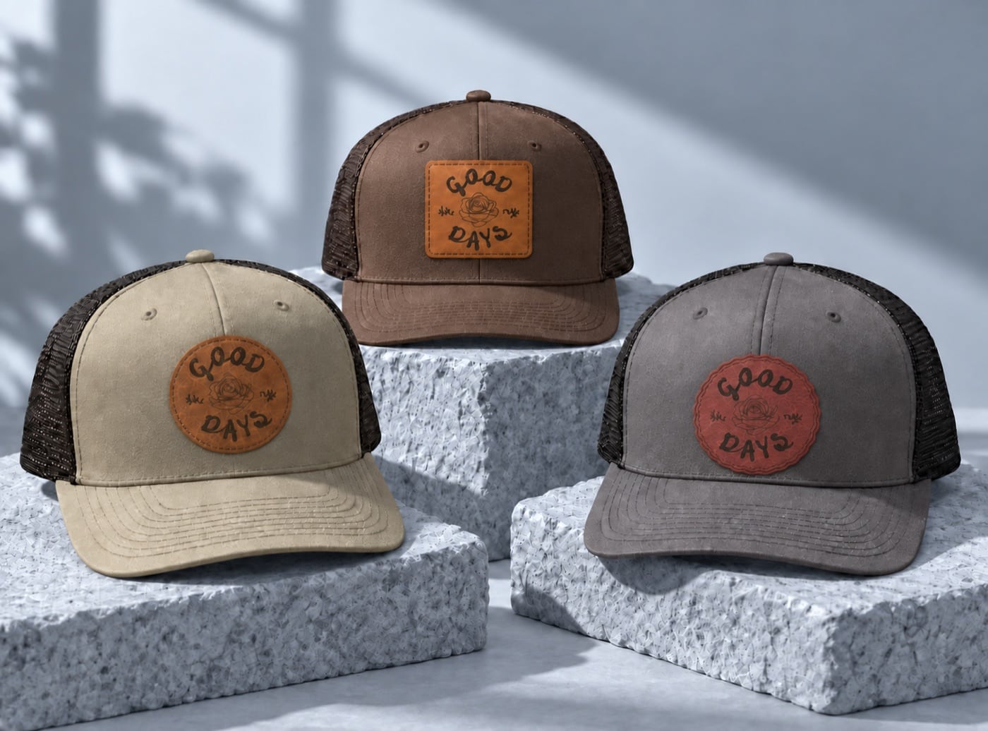 Three Good Days patch hats in neutral colors