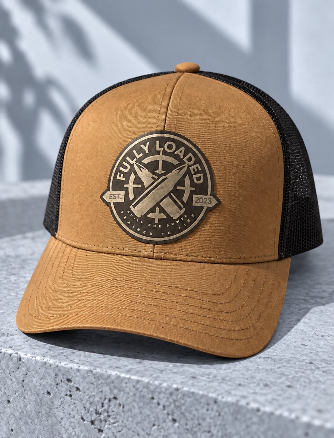 Tan and black Fully Loaded patch trucker