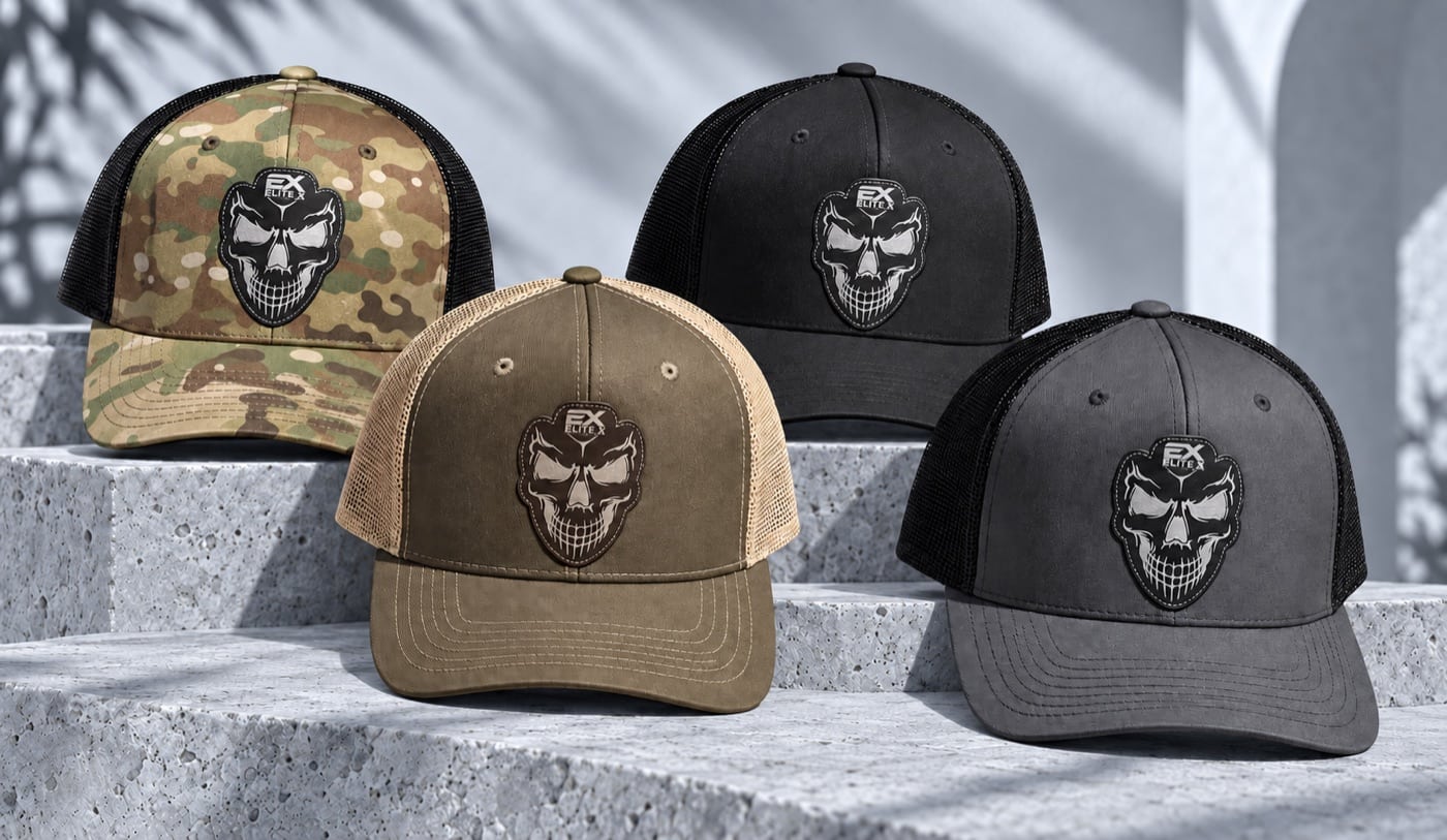 Elite X skull-patch hats in camo, black, olive and charcoal