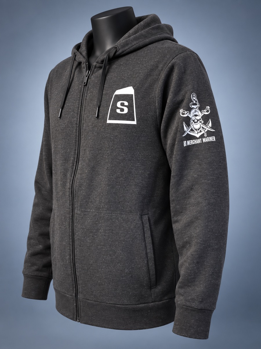 Styled charcoal hoodie with chest and sleeve artwork